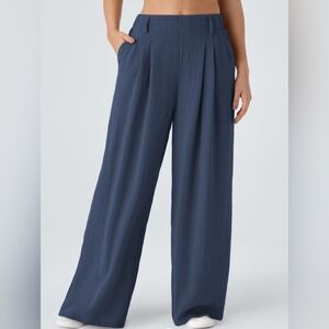 Halara Size M “Deep Secluded Blue” High Waist Plicated Wide Leg Linen-Feel Pants
